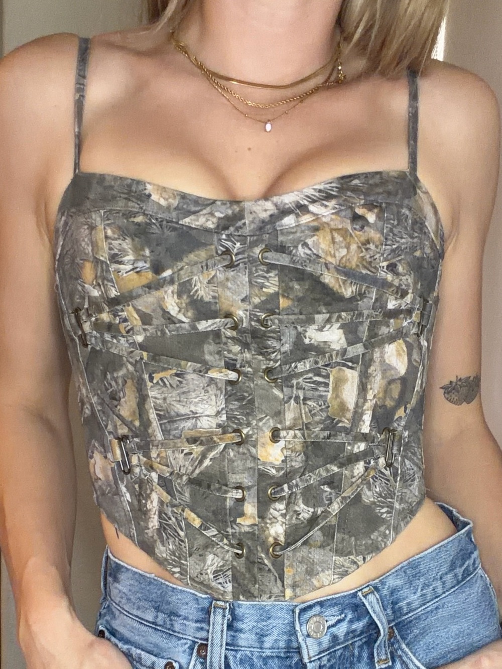 White Fox Boutique Lace-Up Corset in Brown and Gray Camo